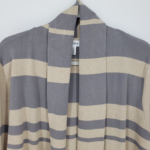 Calvin Klein Open Front Long Cardigan Sweater L Womens Striped Gray‎ Tan - Picture 6 of 9